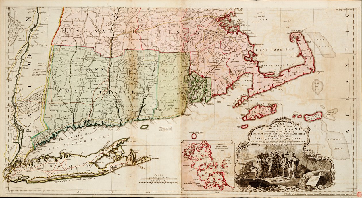Kartta Uuden-Englannin asutuimmasta osasta, joka sisältää Massachusetts Bayn ja New Hampshiren provinssit sekä Connecticutin ja Rhode Islandin siirtokunnat. tekijältä Thomas Jefferys
