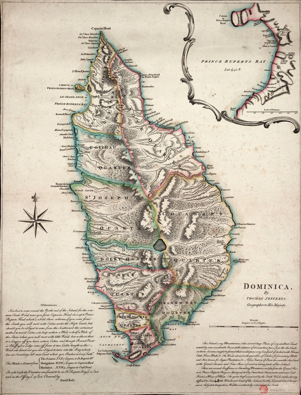 Dominican värikartta, jossa on yksityiskohtaisia maantieteellisiä havaintoja, noin 1760 (käsin väritetty kaiverrus). tekijältä Thomas Jefferys