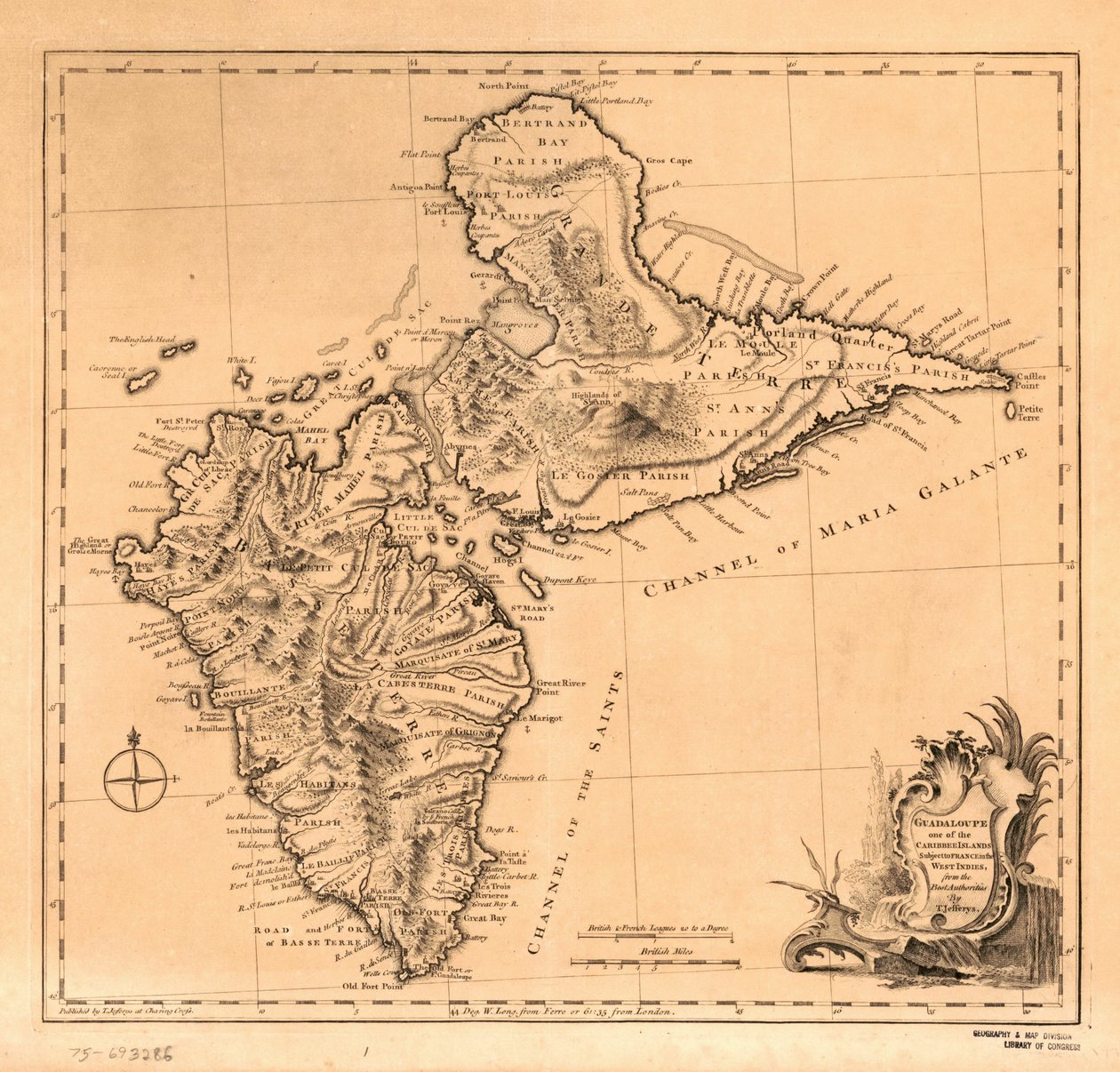Guadaloupe yksi Ranskan alaisuuteen kuuluvista Karibian saarista Länsi-Intiassa, LOC 75693286. tekijältä Thomas Jefferys