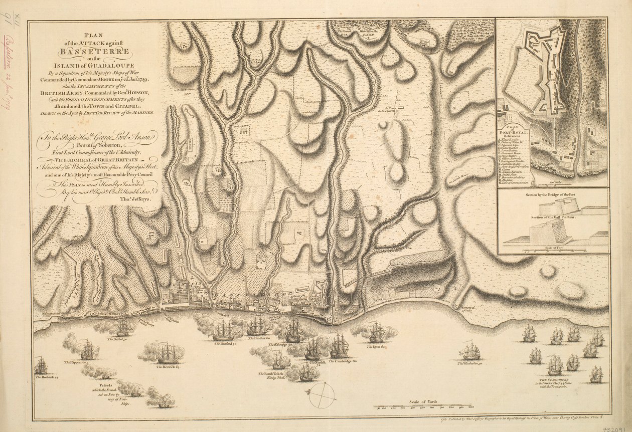 SUUNNITELMA hyökkäyksestä BASSETERRE:a vastaan GUADALOUPE:n SAARELLA Hänen Majesteettinsa sota-alusten laivueella, jota komentaja MOORE johti 22.d tammikuuta 1759. myös BRITANNIAN ARMEIJAN SAARI, jota komensi kenraali HOPSON, ja RANSKAN INTRENCHME:n hyökkä tekijältä Thomas Jefferys