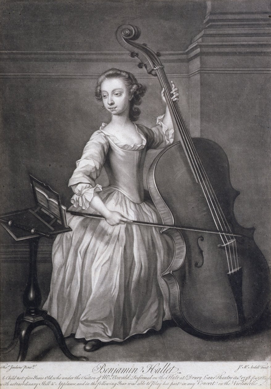 Muotokuva Benjamin Halletista soittamassa viulua, kaiverrettu James McArdell (n. 1729-65), n. 1749 tekijältä Thomas Jenkins