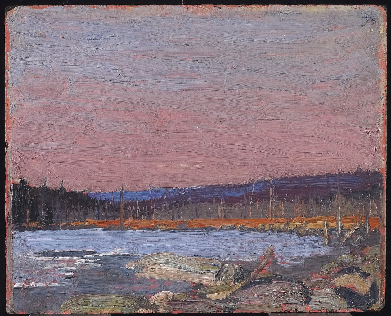 A Northern Lake, n. 1916 (öljy komposiittipuumassalevylle) tekijältä Tom Thomson