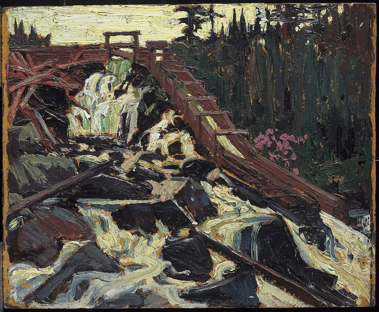 Timber Chute, 1915 (öljy komposiittipuu-massalevylle) tekijältä Tom Thomson