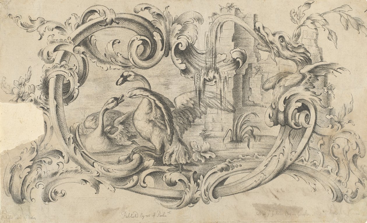 Suunnitelma tabletille savupiippukappaleelle, jossa on kaksi joutsenta taistelussa, käärössä..., 1762. tekijältä Thomas Johnson