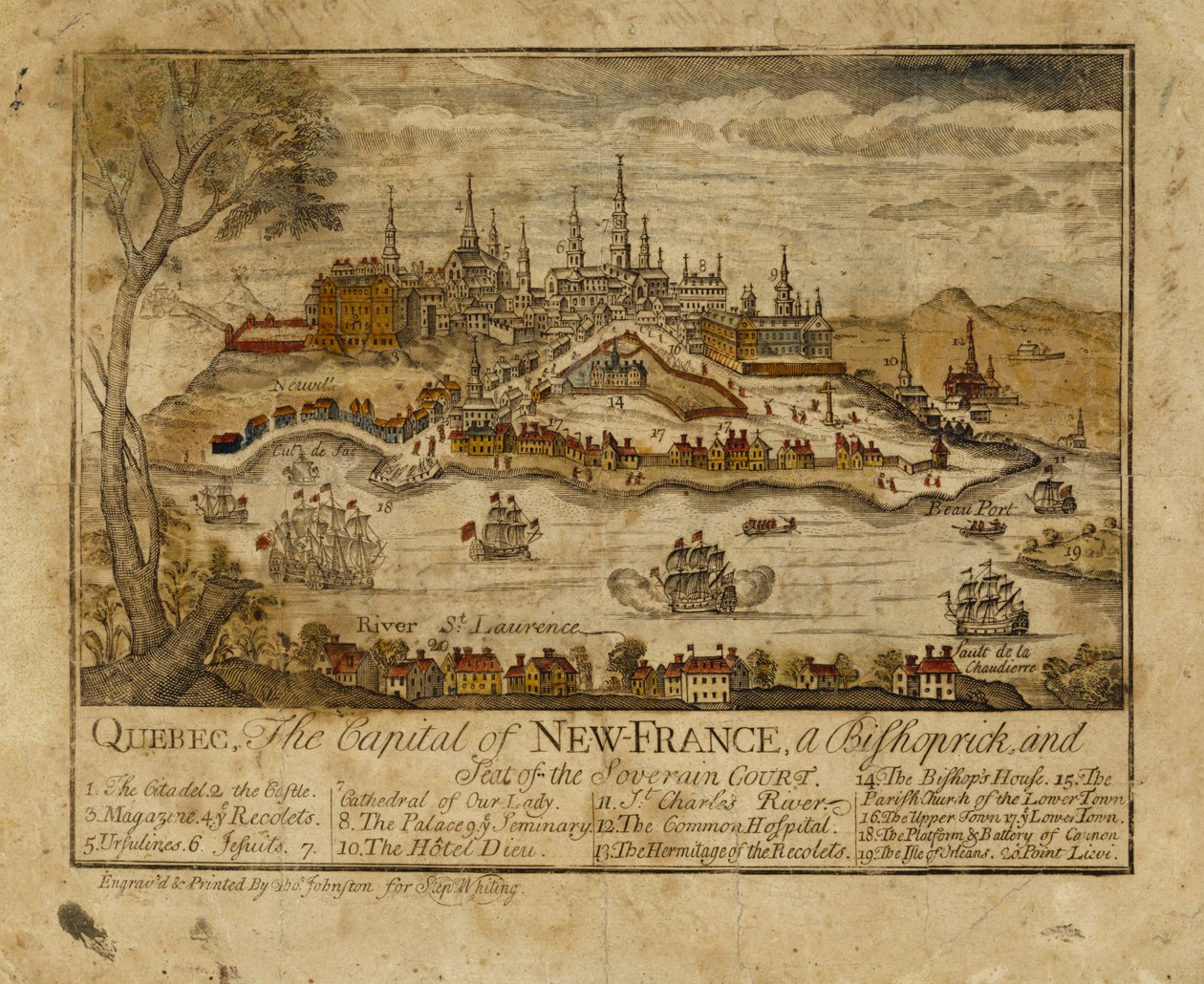 Quebec, Uuden Ranskan pääkaupunki, piispakunta ja Soverain Courtin kotipaikka, 1759 (käsinvärinen kaiverrus) tekijältä Thomas Johnston