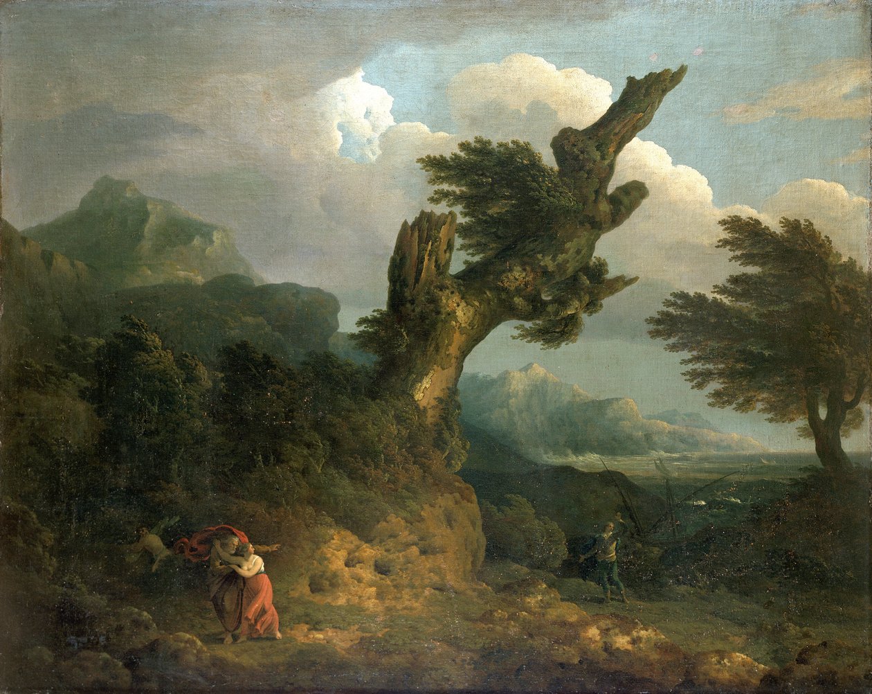 "Myrsky" - Prospero, Miranda ja Caliban vakoilevat haaksirikkoutunutta Ferdinandia, 1778 tekijältä Thomas Jones