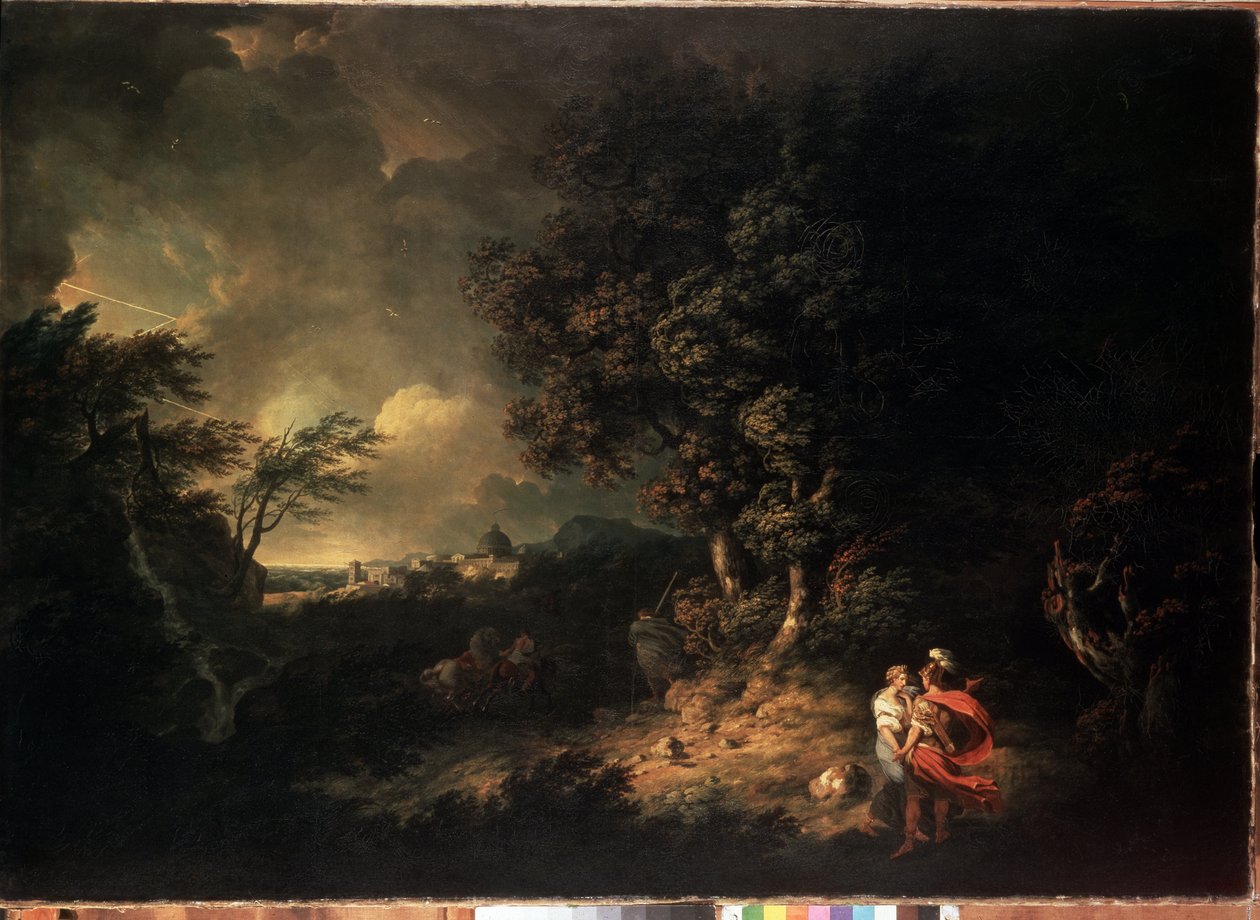 ""Myrskymaisema Aeneaksen ja Didon kanssa"" (Maisema Aeneaksen ja Didon kanssa) Kuvitus Vergiliusin Aeneista. Thomas Jonesin (1742-1803) maalaus 1769 Mitat 137,5x193,5 cm Eremitaaši, Pietari tekijältä Thomas Jones
