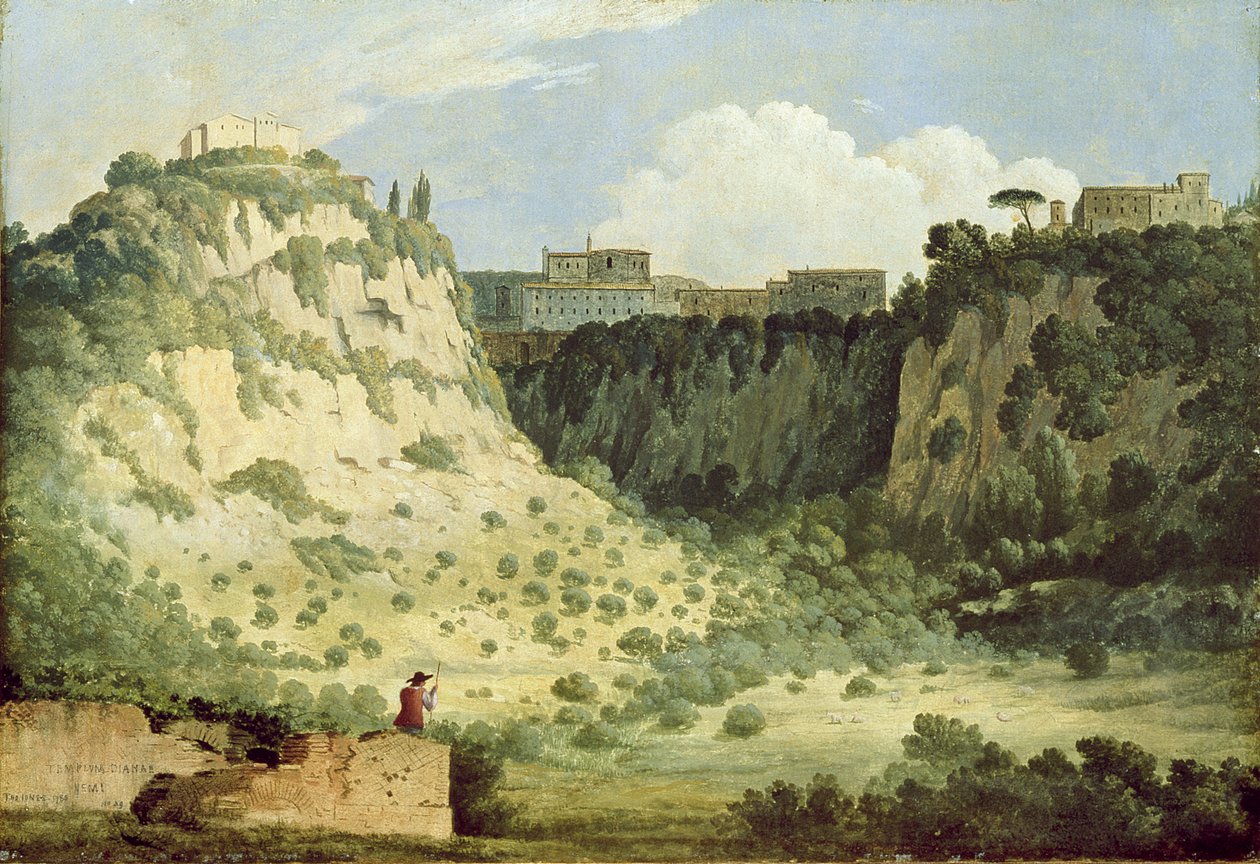 Näkymä Dianan temppelistä, Nemi, paimen etualalla, 1785 tekijältä Thomas Jones