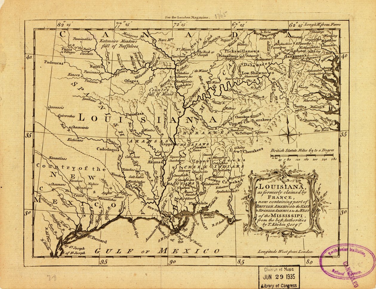 Louisiana, sellaisena kuin Ranska sitä aiemmin vaati, ja joka nyt sisältää osan Britannian Amerikkaa Mississippin itäpuolella ja Espanjan Amerikkaa Mississippin länsipuolella. LOC 77690498 tekijältä Thomas Kitchin