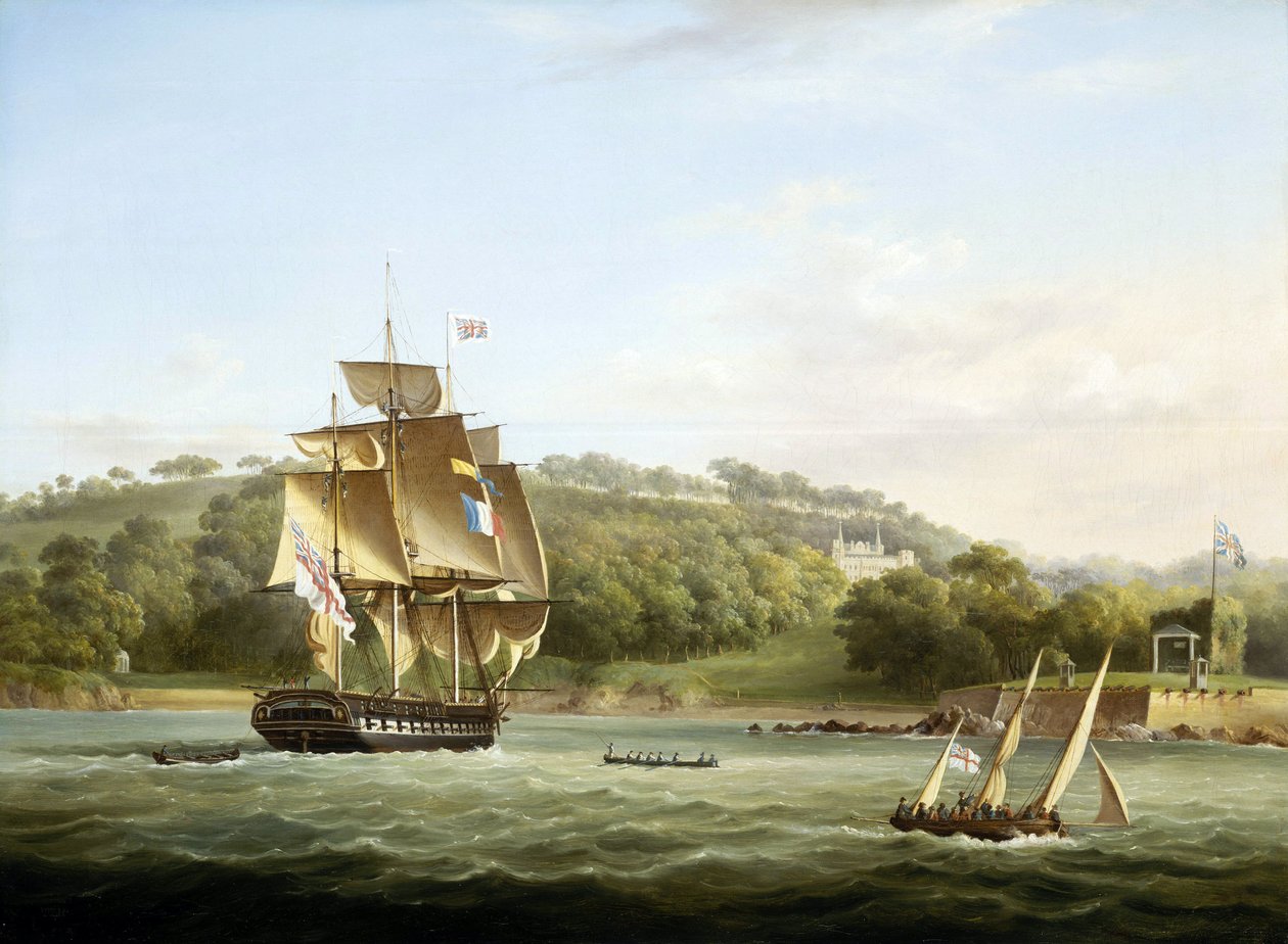 Kuninkaallinen fregatti ja muita aluksia Barn Bayssä Plymouthin edustalla, Englannissa, Mount Edgcumben edessä. Thomas Lyde Hornbrookin (1808-1855) öljy kankaalle, noin 1830-55. tekijältä Thomas L. Hornbrook