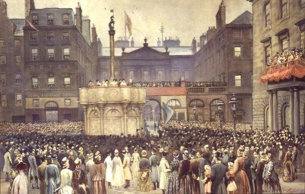The Restored Market Cross, Edinburgh, esittely Magistrates Councilille Right Honorable W.E. Gladstone, kansanedustaja, 23. marraskuuta 1885 tekijältä Thomas L. Sawers
