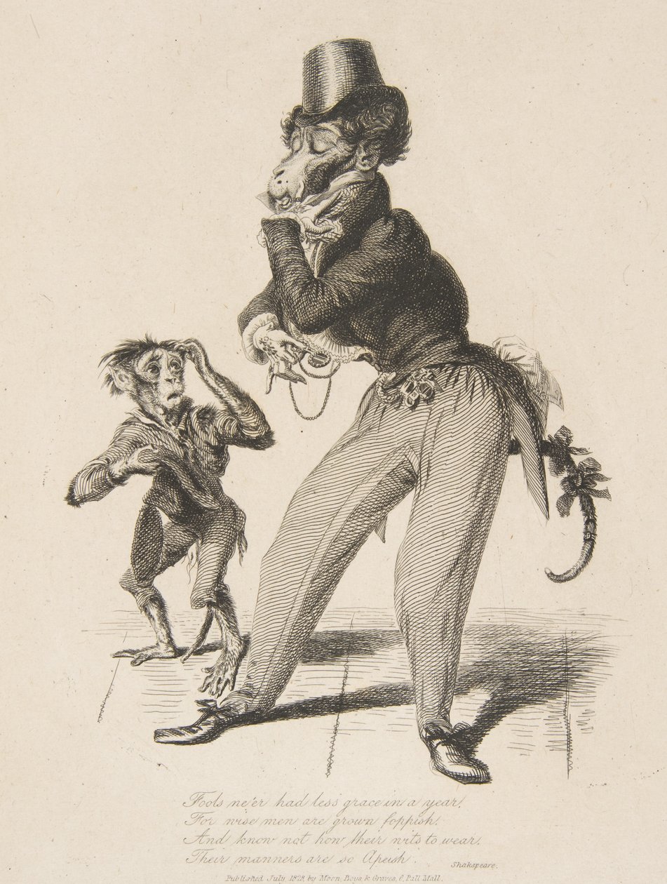 Monkey Dandy, Monkey-ana, tai Men in Miniature, heinäkuu 1828, heinäkuu 1828. tekijältä Thomas Landseer
