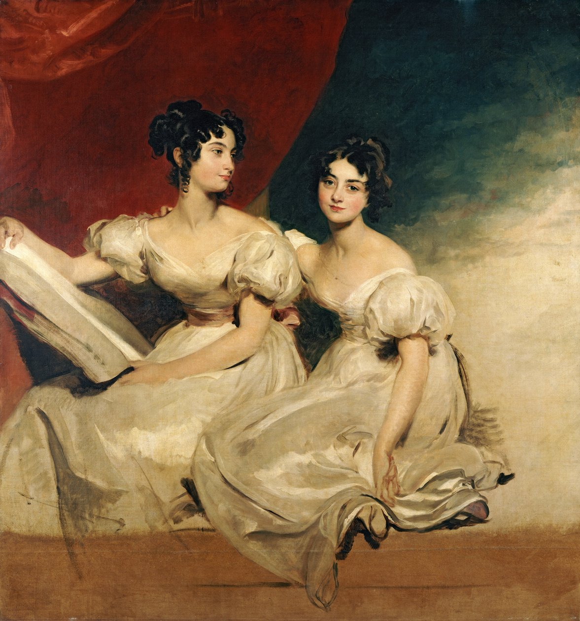 Kaksoismuotokuva Fullertonin sisaruksista, istuen koko pituudeltaan, valkoisissa mekoissa, n. 1825 tekijältä Thomas Lawrence