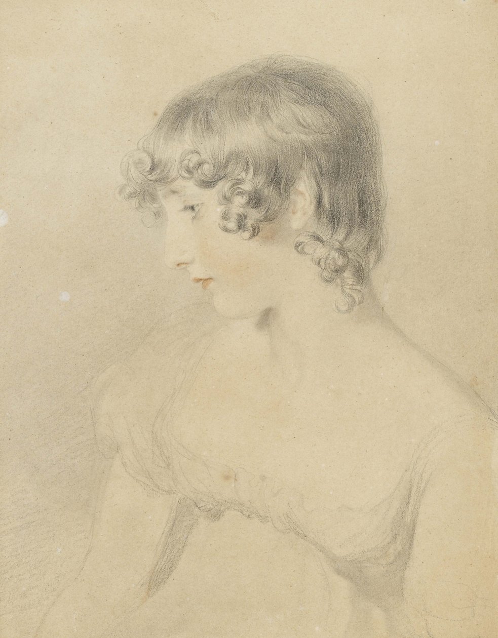 Susan Bloxamin rintakuva, käännetty profiilissa vasemmalle, 1818 (musta liitu, kosketettu punaisella liidulla ja kevyesti painettu valkoisella kortilla, värjäytynyt ruskeaan) tekijältä Thomas Lawrence