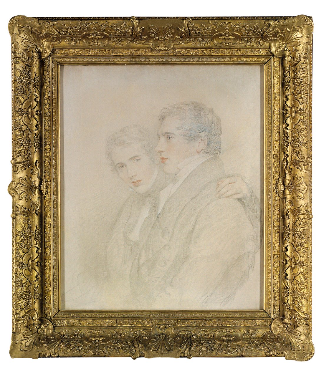 Kaksinkertainen muotokuva Richard Rowland Bloxamista (1797-1877) ja Andrew Bloxamista (1801-1878), puolipitkä, profiilissa heidän lähtönsä Sandwichsaarille [Hawaii] aattona vuonna 1823 (musta, valkoinen ja punainen liitu päällä valmistettu kangas) tekijältä Thomas Lawrence