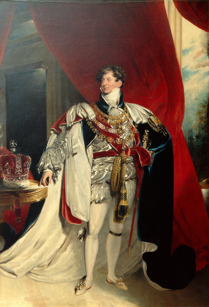 Kuningas Yrjö IV seisoo sukkanauhapuvussa, noin 1830 (öljy kankaalle). tekijältä Thomas Lawrence