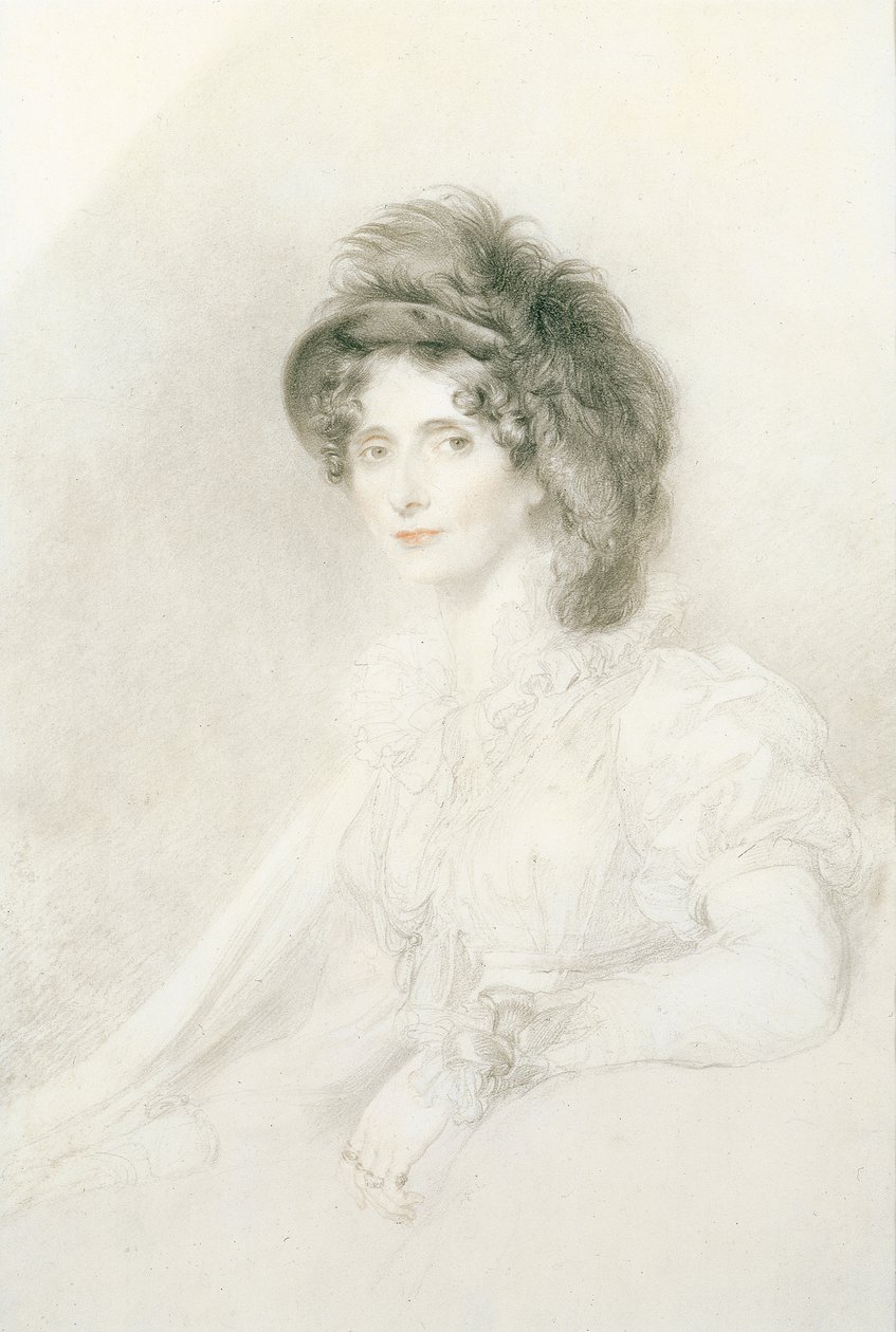 Muotokuva Elizabethista, Devonshiren herttuattaresta (1758-1824), istuva, puolipitkä, yllään suuri höyhenhattu (lyijykynä, musta-punainen liitu paperilla) tekijältä Thomas Lawrence