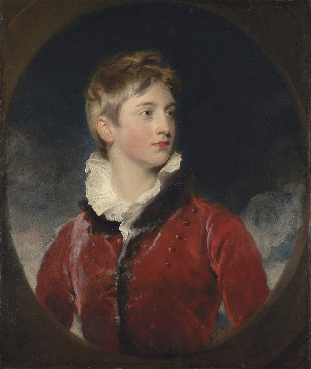 Frederick William Stewartin muotokuva, Londonderryn 4. markiisi, K.P., M.P. (1805-1872), kun poika, puolipitkä, punaisessa takkissa, teeskennellyssä soikeassa (öljy kankaalle) tekijältä Thomas Lawrence