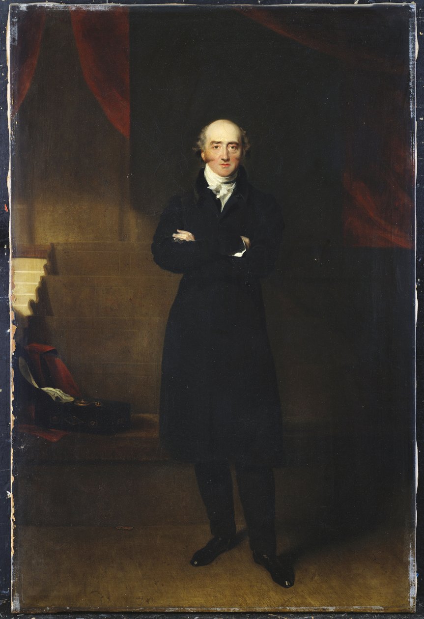 George Canningin muotokuva, täyspitkä, seisomassa sisätiloissa musta takki yllään kädet ristissä tekijältä Thomas Lawrence