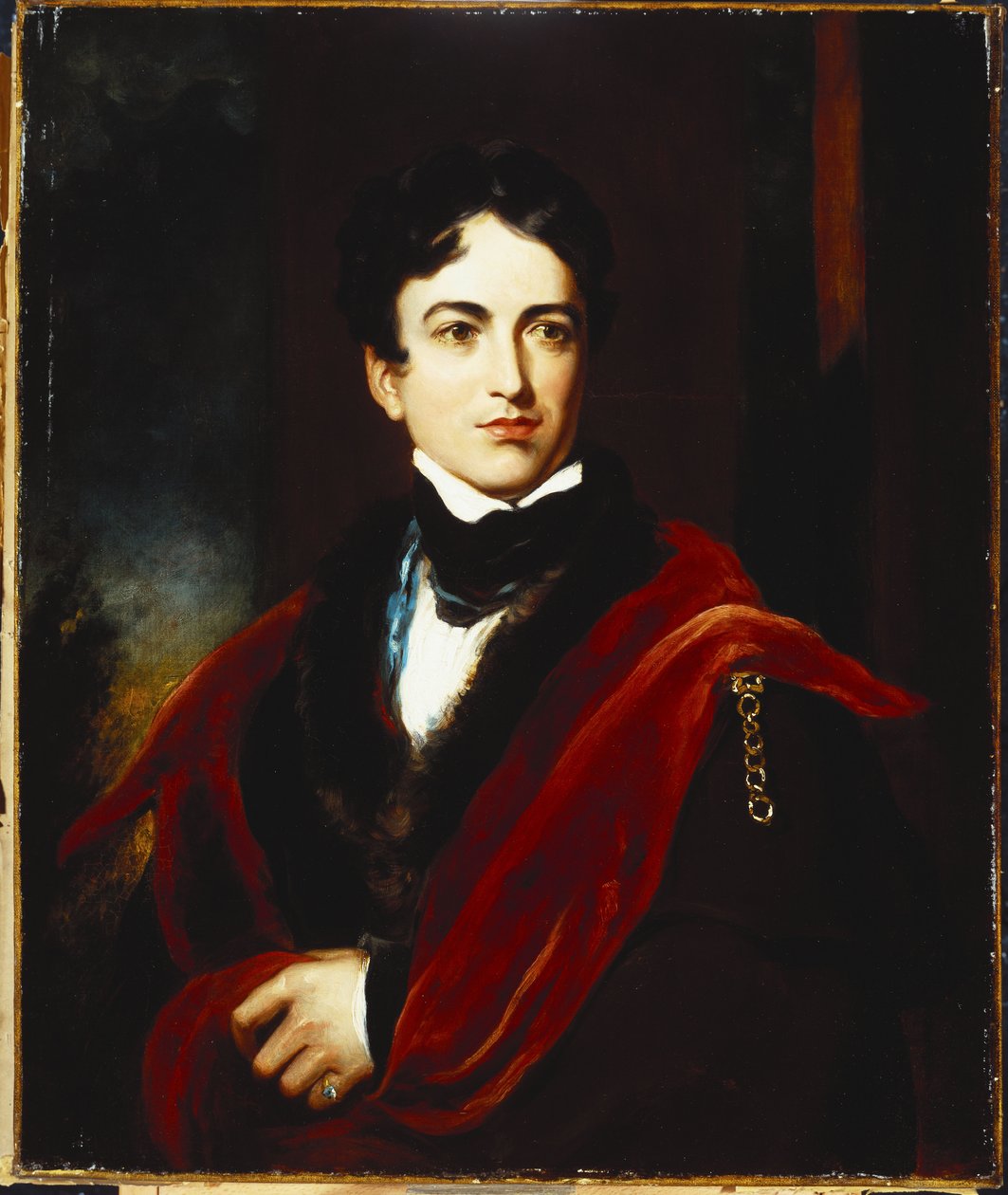 Muotokuva John George Lambtonista, Durhamin Ist Earl of Durham, GCB, kansanedustaja, tumma takki, viitta ja valkoinen paita tekijältä Thomas Lawrence