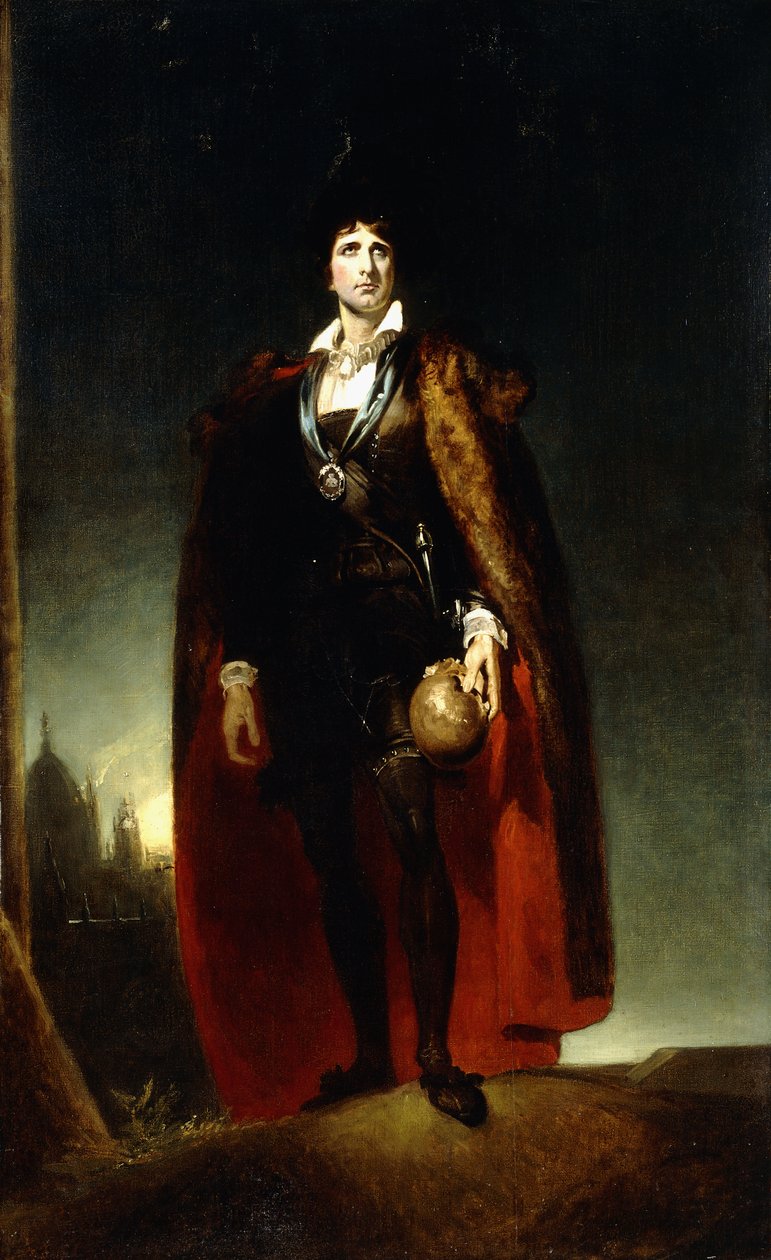 Muotokuva John Kemblestä Hamletina, seisomassa täyspitkänä maisemassa, viitta yllään ja kalloa kädessään, tekijältä Thomas Lawrence