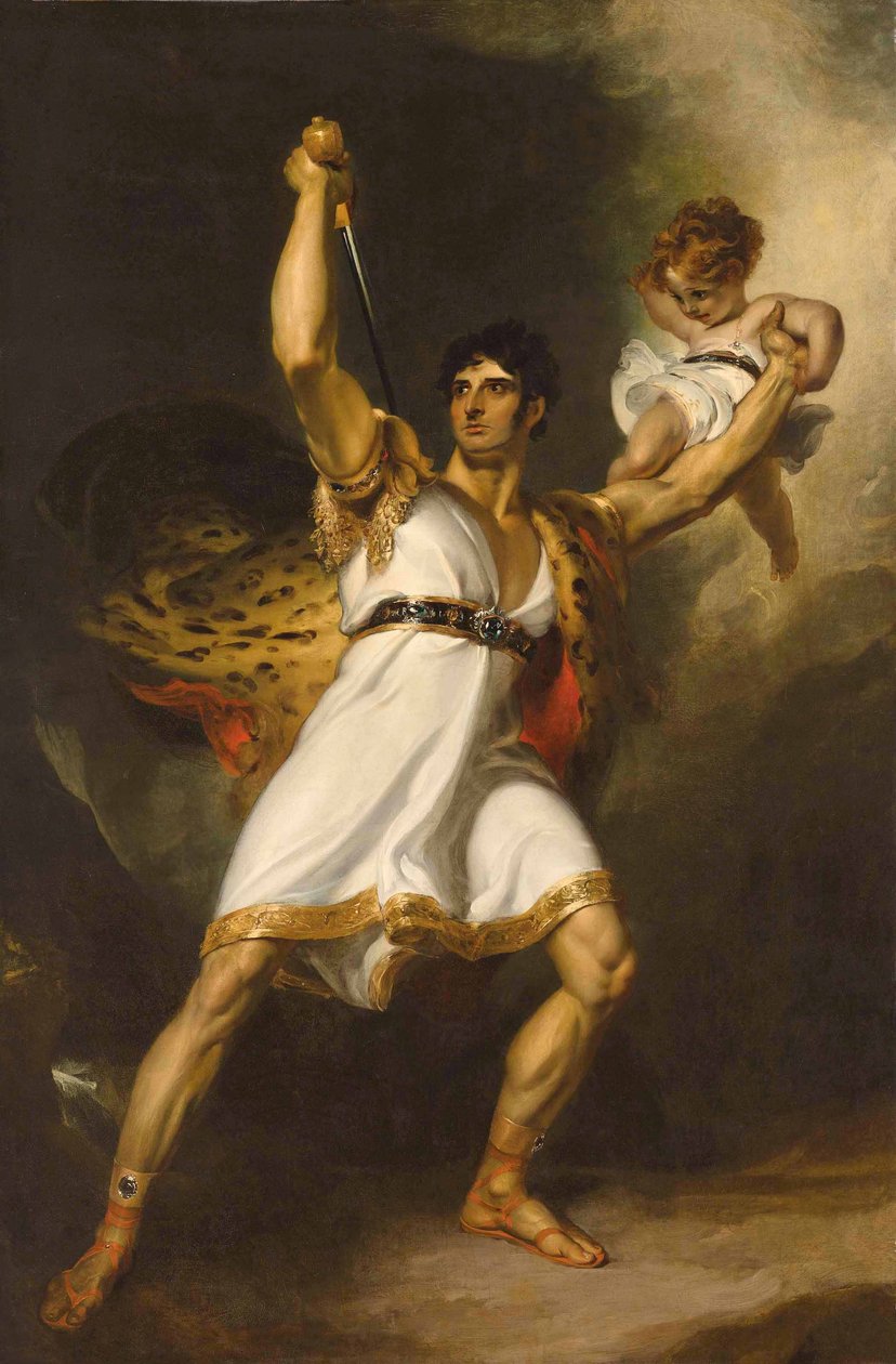 John Philip Kemblen (1757-1823) muotokuva, täyspitkä Rollana Sheridanin Pizarrosta (öljy kankaalle) tekijältä Thomas Lawrence