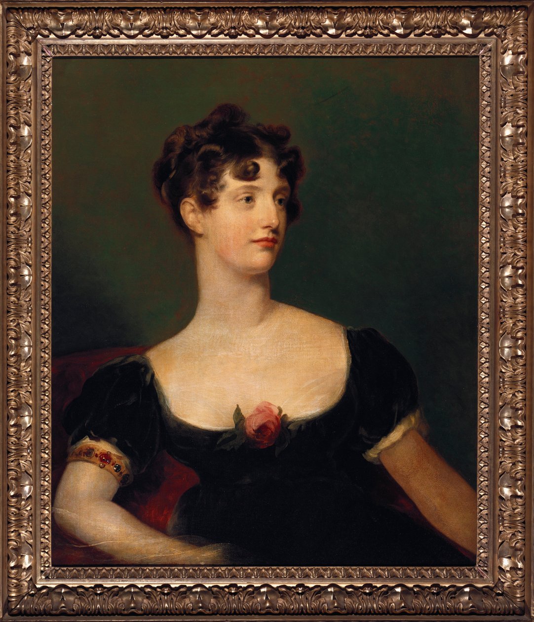 Lady Beresfordin muotokuva, istuva, puolipitkä mustassa ruusulla koristellussa mekossa tekijältä Thomas Lawrence
