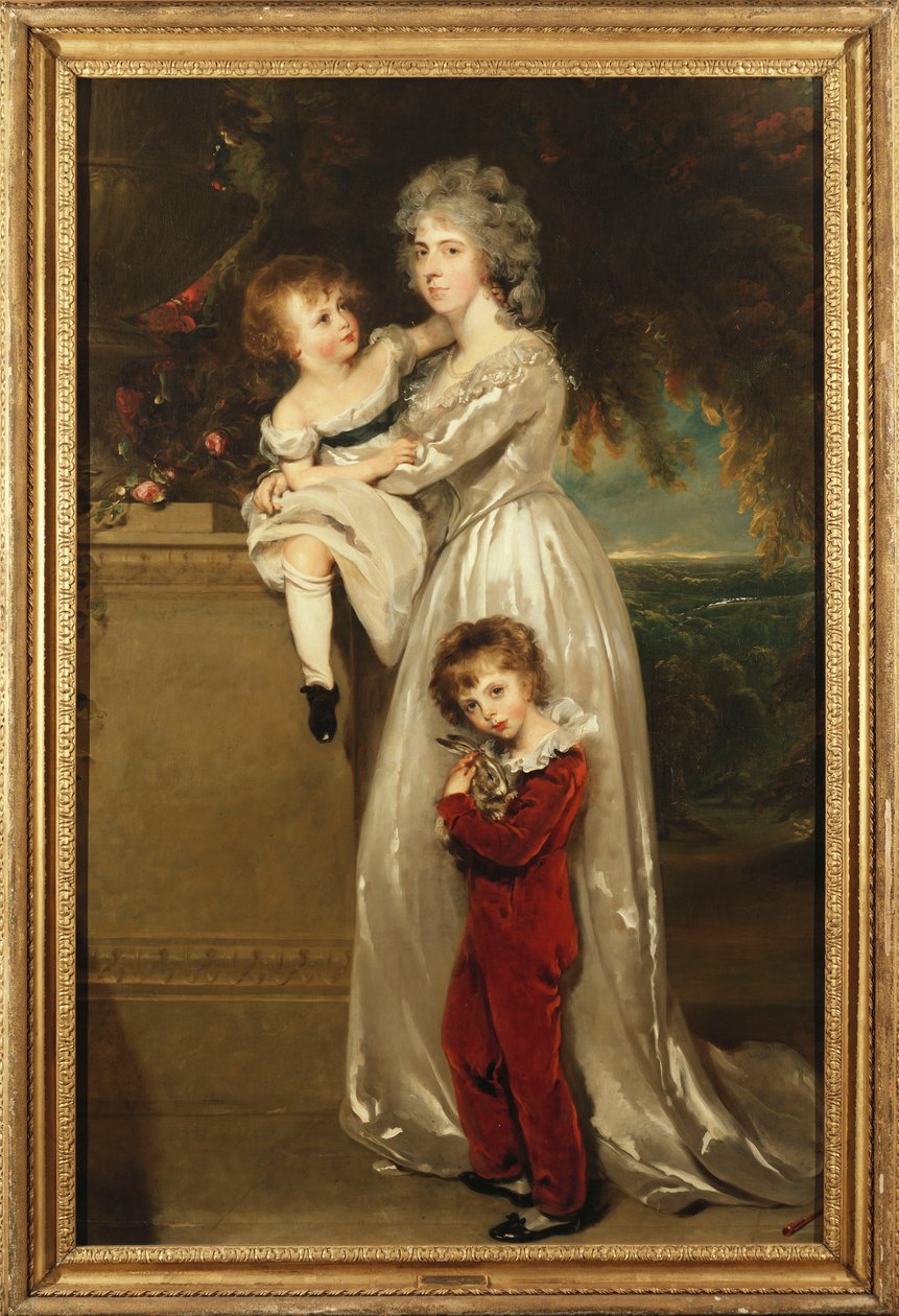 Muotokuva rouva Annesleysta seisomassa täyspitkänä valkoisessa mekossa kahden lapsensa kanssa tekijältä Thomas Lawrence
