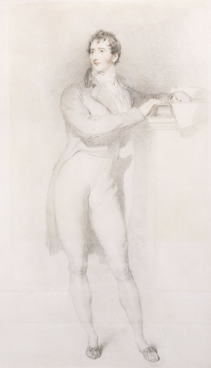 Muotokuva Sir Francis Burdettistä, Bart, pieni kokopitkä, seisoo kamiinan reunassa, n. 1796 tekijältä Thomas Lawrence