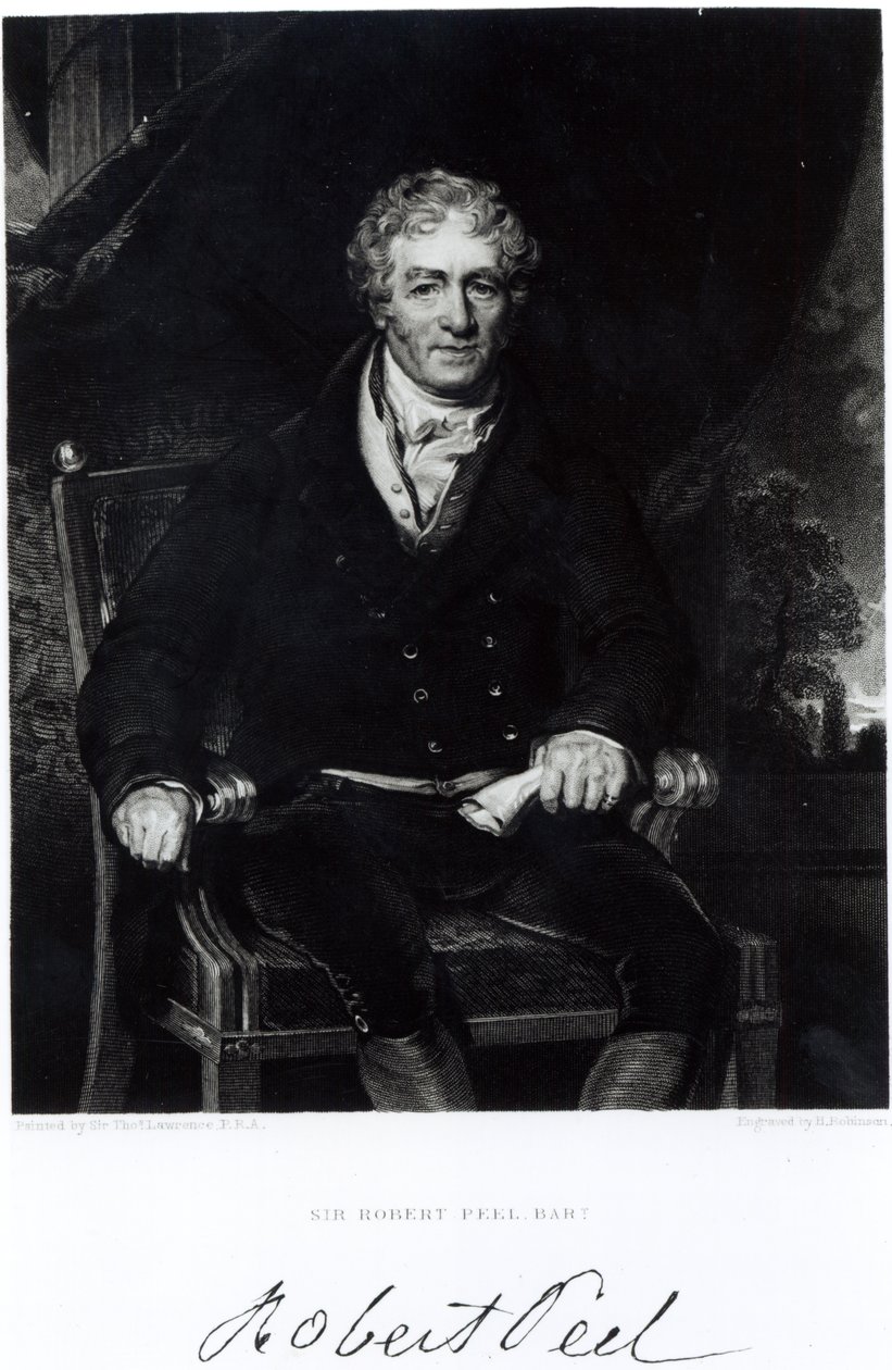 Sir Robert Peelin (1788-1850) muotokuva, kaiverrus H, Robinson (kaiverrus) (bw kuva) tekijältä Thomas Lawrence