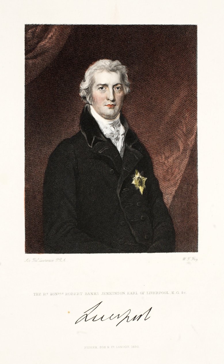 Oikea Robert Banks Jenkinson, Earl of Liverpool, K.G. und C., pub. 1830 (käsinvärinen kaiverrus) tekijältä Thomas Lawrence