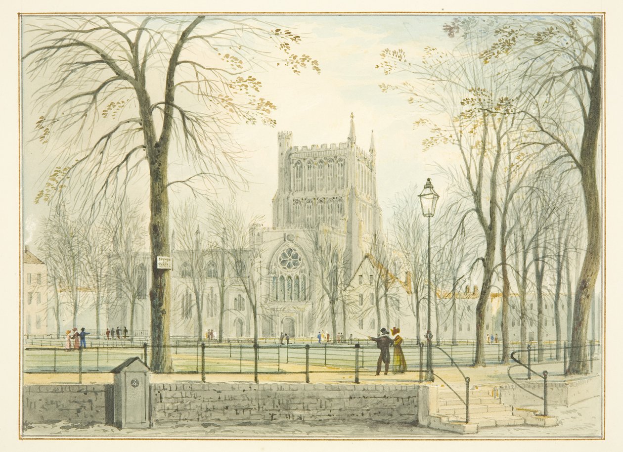 Bristolin katedraali ja College Green (akvarelli paperille) tekijältä Thomas Leeson the Elder Rowbotham