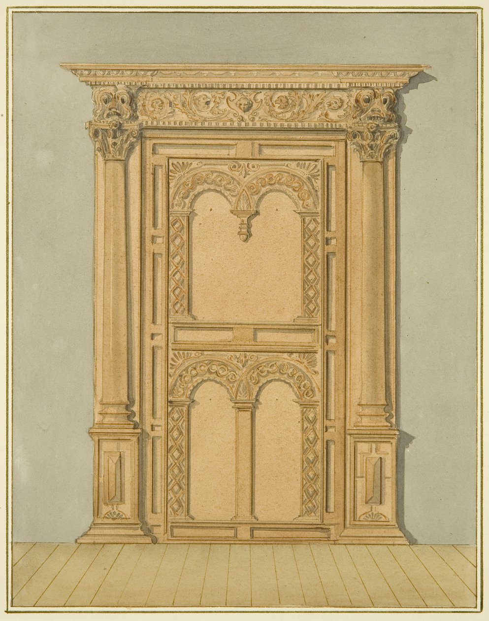 Carved Oak Doorway, 6 Redcliffe Street (akvarelli paperille) tekijältä Thomas Leeson the Elder Rowbotham