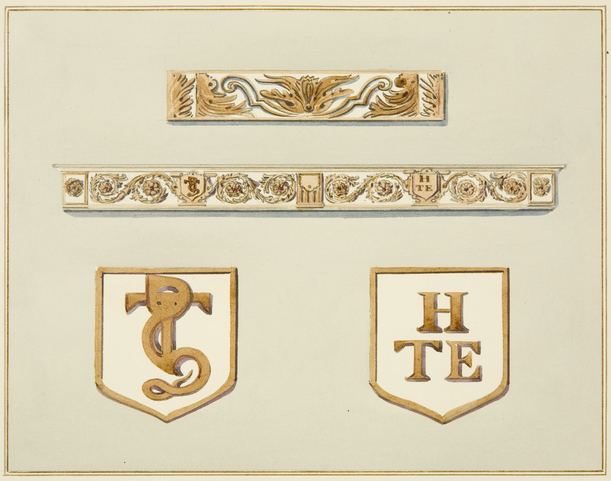 Veistetty tammifrieze, mukaan lukien yksi savupiipusta, osoitteessa 15 Broad Street (akvarelli paperille) tekijältä Thomas Leeson the Elder Rowbotham