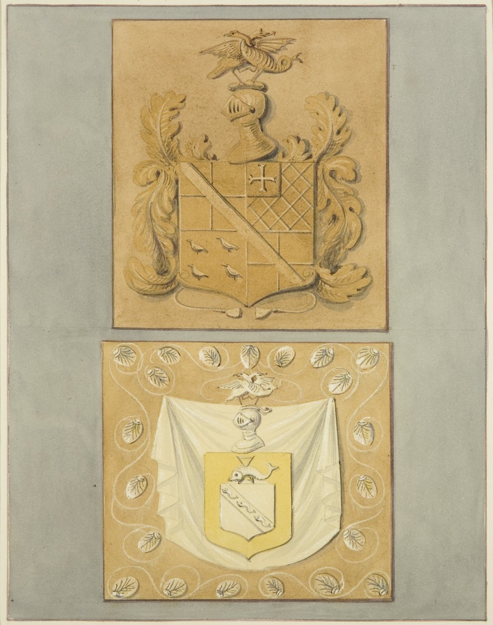 Vaakunat Langton Mansionin ovella, takana (akvarelli paperille) tekijältä Thomas Leeson the Elder Rowbotham