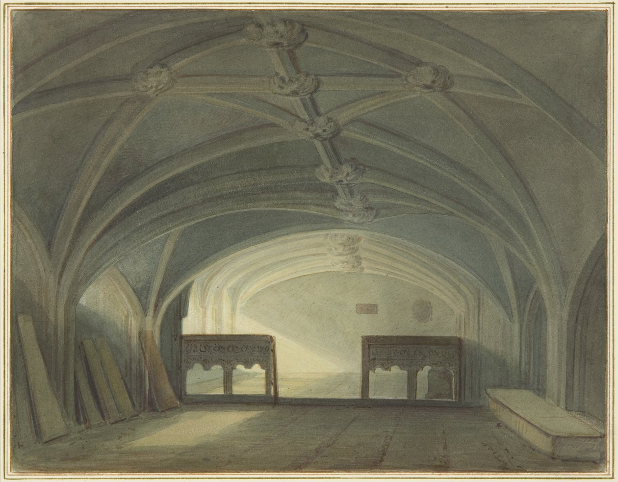 Pyhän Johanneksen kirkon krypta, itään katsova, jossa on Oak Screen (akvarelli paperilla) tekijältä Thomas Leeson the Elder Rowbotham