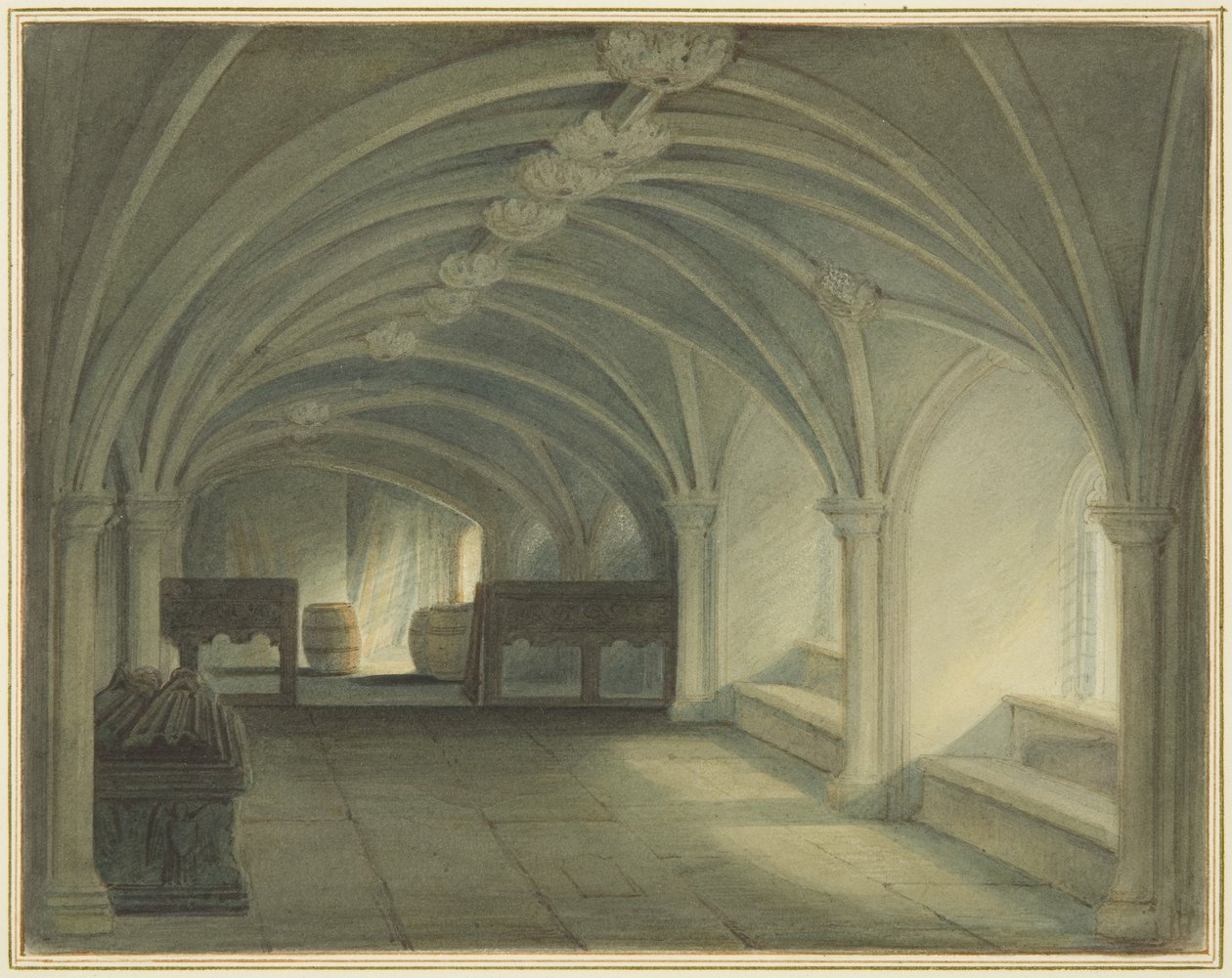 Johanneksen kirkon krypta, joka näyttää länteen (akvarelli paperille) tekijältä Thomas Leeson the Elder Rowbotham