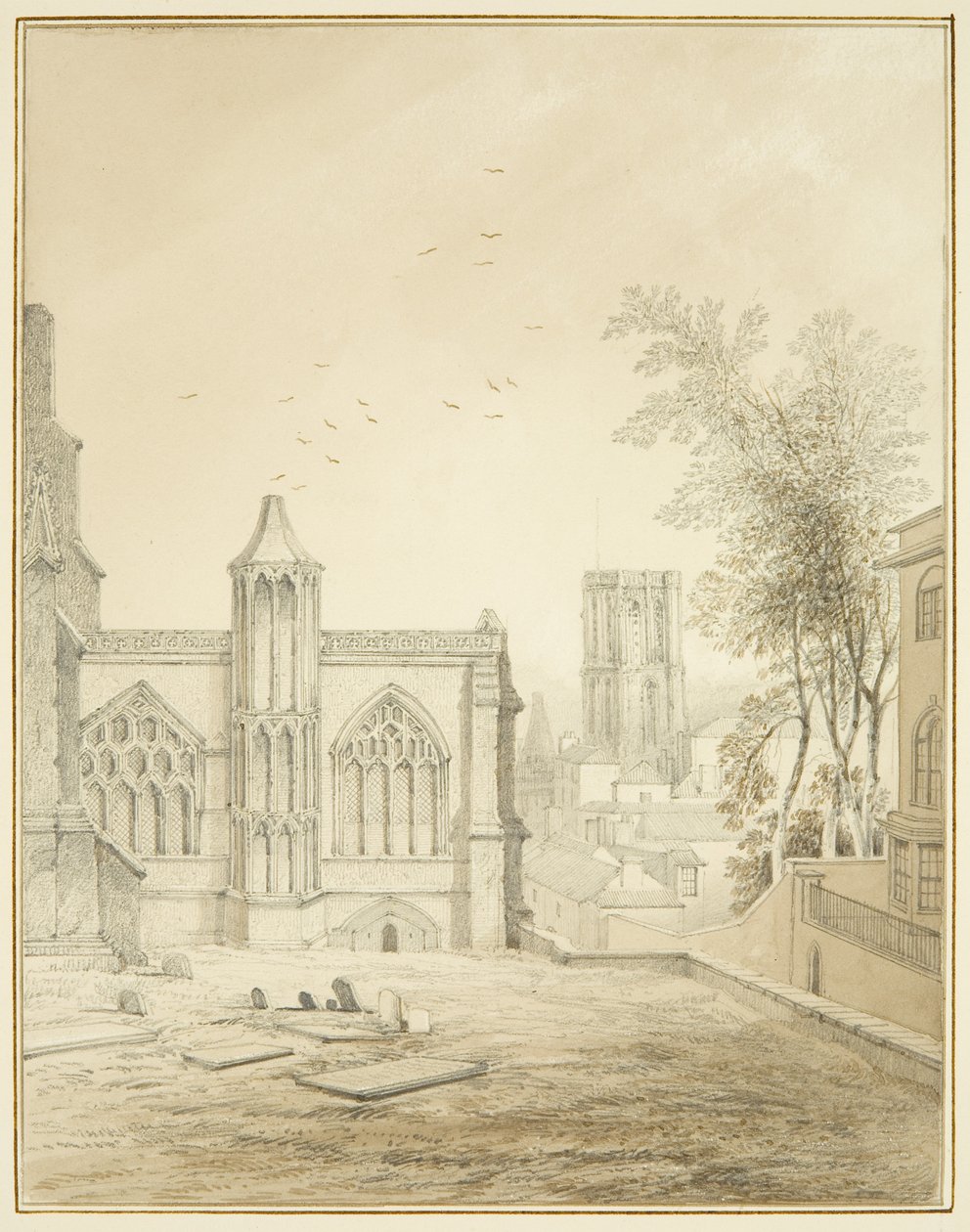 St Mary Redcliffen itäpää, jossa näkyy Temple Church (kynä ja akvarelli paperilla) tekijältä Thomas Leeson the Elder Rowbotham