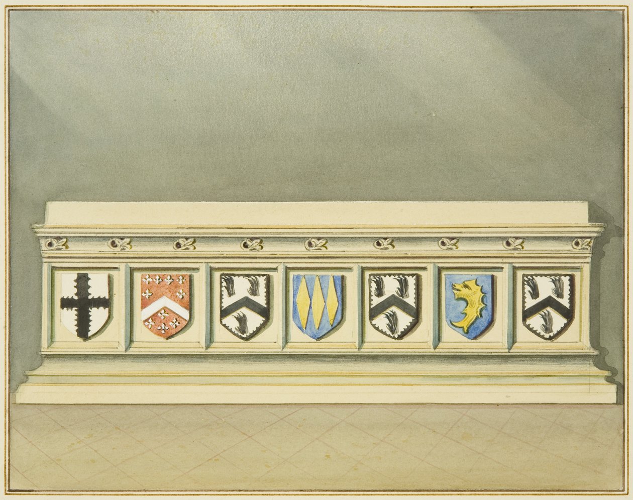 Heraldiset laakerit Walter Framptonin haudalla Pyhän Johanneksen kirkossa (akvarelli paperille) tekijältä Thomas Leeson the Elder Rowbotham