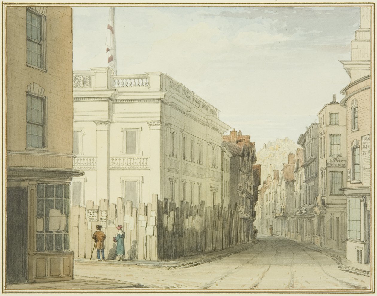 Katse alas Broad Streetille uuden valtuuston talon kanssa (akvarelli paperille) tekijältä Thomas Leeson the Elder Rowbotham