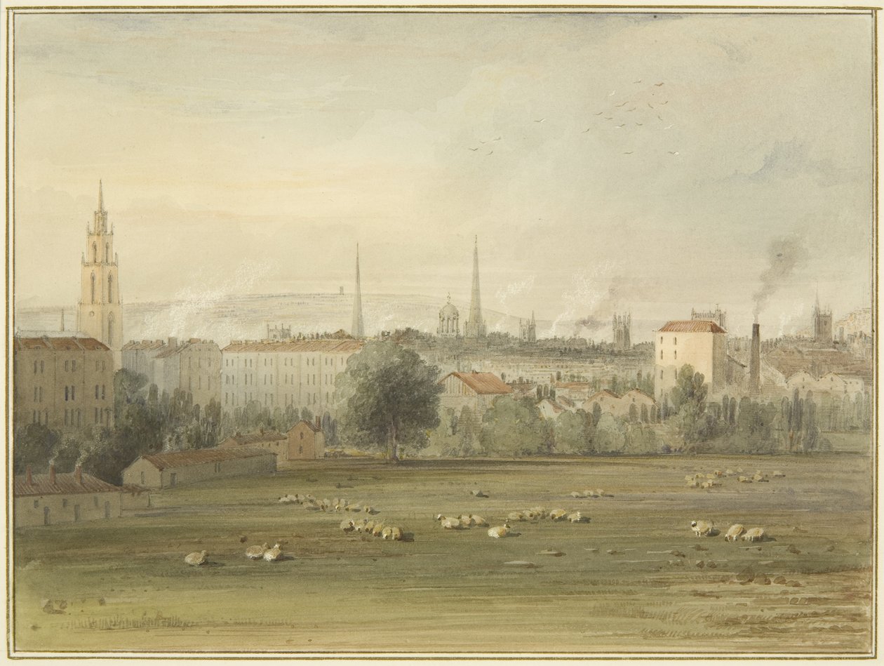 Lähellä Stokes Croftia, josta on näkymät Bristolin horisonttiin (Sadlerin ja Clayfieldin ilmapallon nousu vuonna 1810) tekijältä Thomas Leeson the Elder Rowbotham