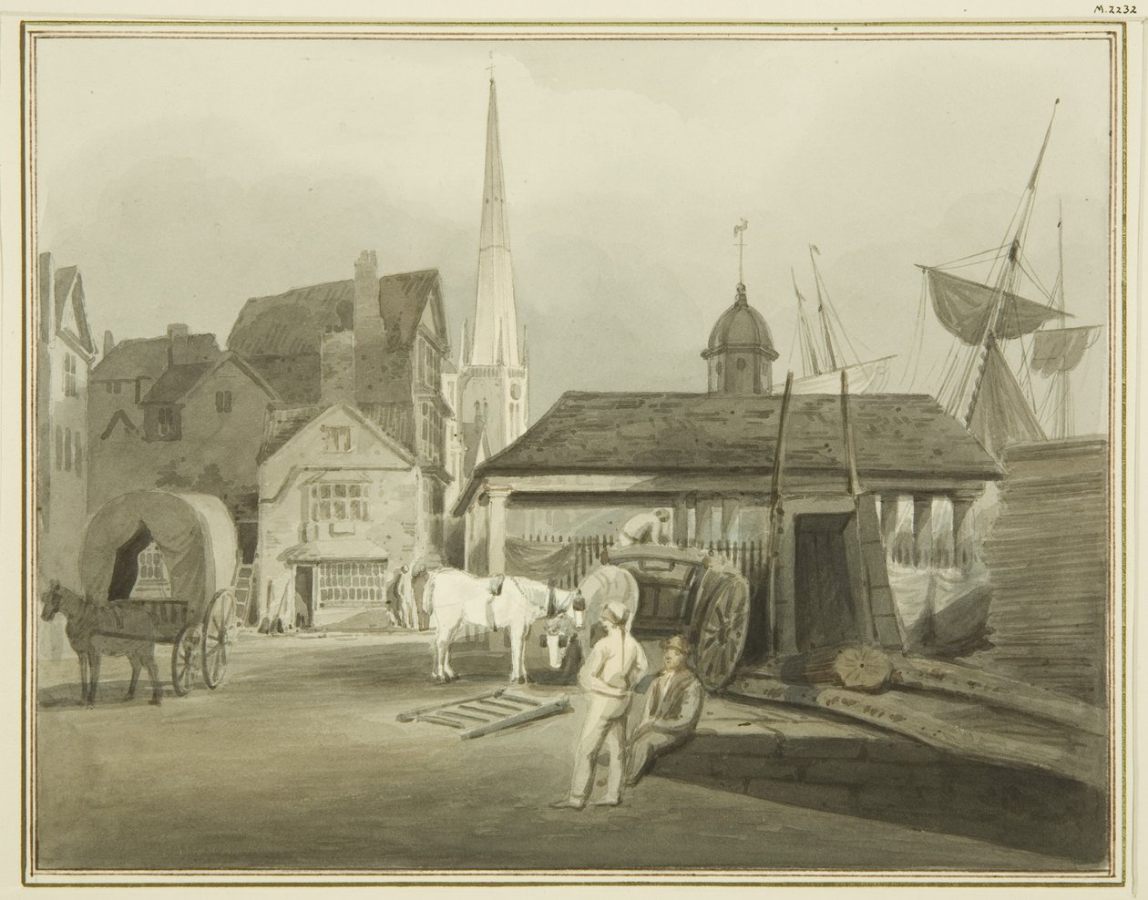 King Streetin koillispää, jossa näkyy Walesin markkinat vuonna 1802 (akvarelli paperille) tekijältä Thomas Leeson the Elder Rowbotham