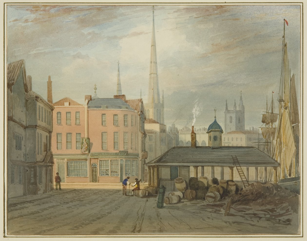 King Streetin koillispää, jossa näkyy Welsh Market (akvarelli paperille) tekijältä Thomas Leeson the Elder Rowbotham