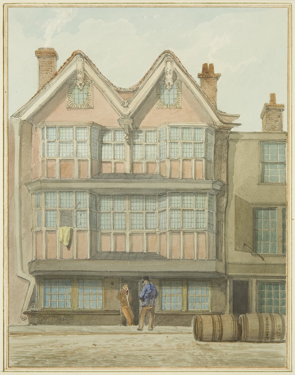 Vanhat talot West Siden alueella, Marsh Street (akvarelli paperille) tekijältä Thomas Leeson the Elder Rowbotham