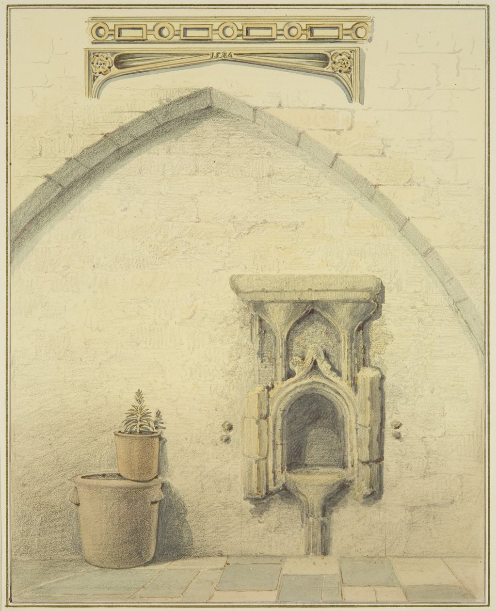 Piscina, Frieze ja Spandrels sisäpihalla 131 Temple Street (kynä ja akvarelli paperille) tekijältä Thomas Leeson the Elder Rowbotham