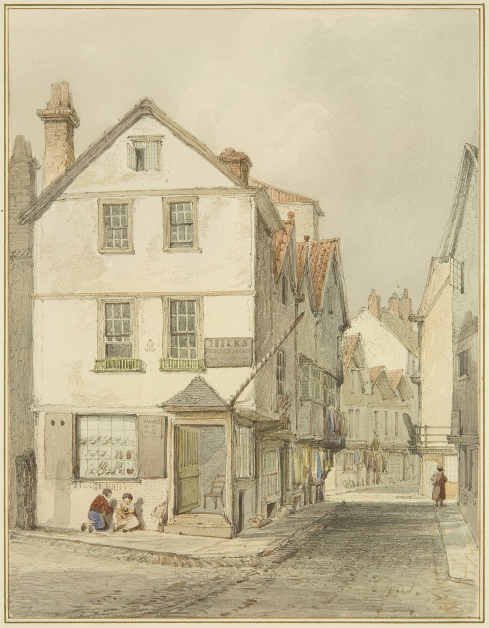 Silver Street ja St Jamesin selkä etelään katsoen (kynä ja akvarelli paperilla) tekijältä Thomas Leeson the Elder Rowbotham