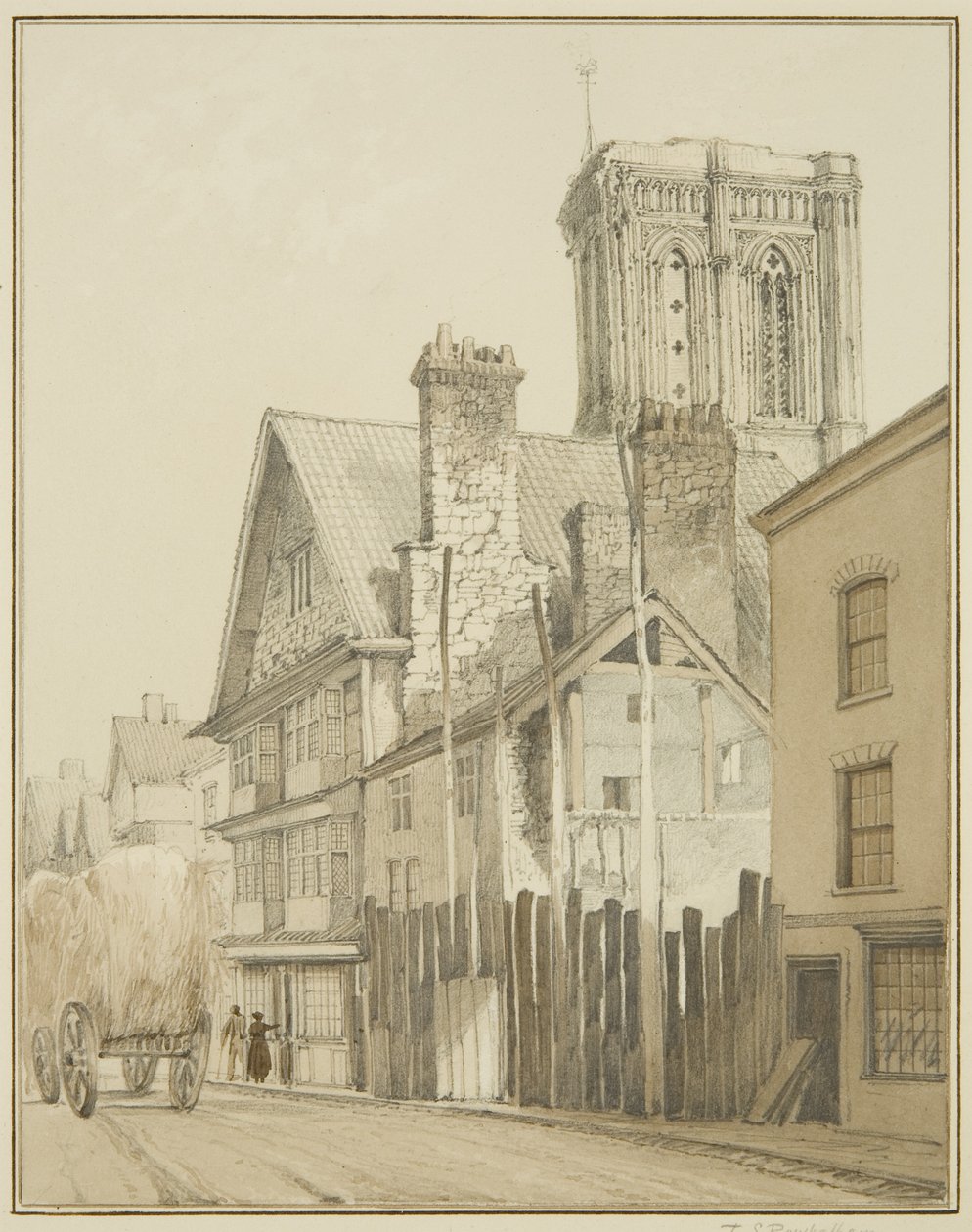 Temple Street, jossa näkyy Tower of Temple Church (akvarelli paperille) tekijältä Thomas Leeson the Elder Rowbotham