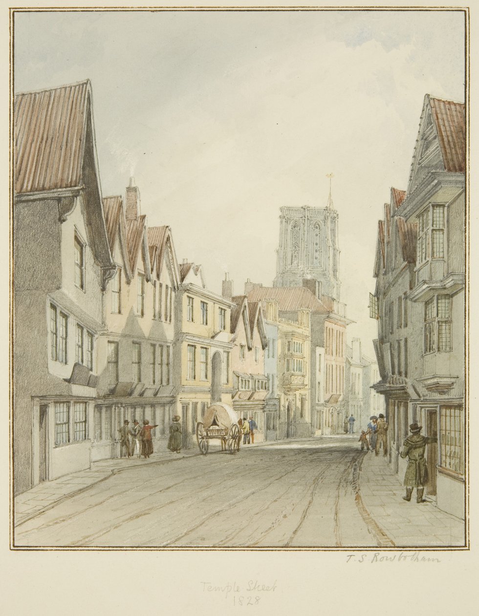Temple Street, jossa näkyy temppelikirkon torni (akvarelli paperille) tekijältä Thomas Leeson the Elder Rowbotham