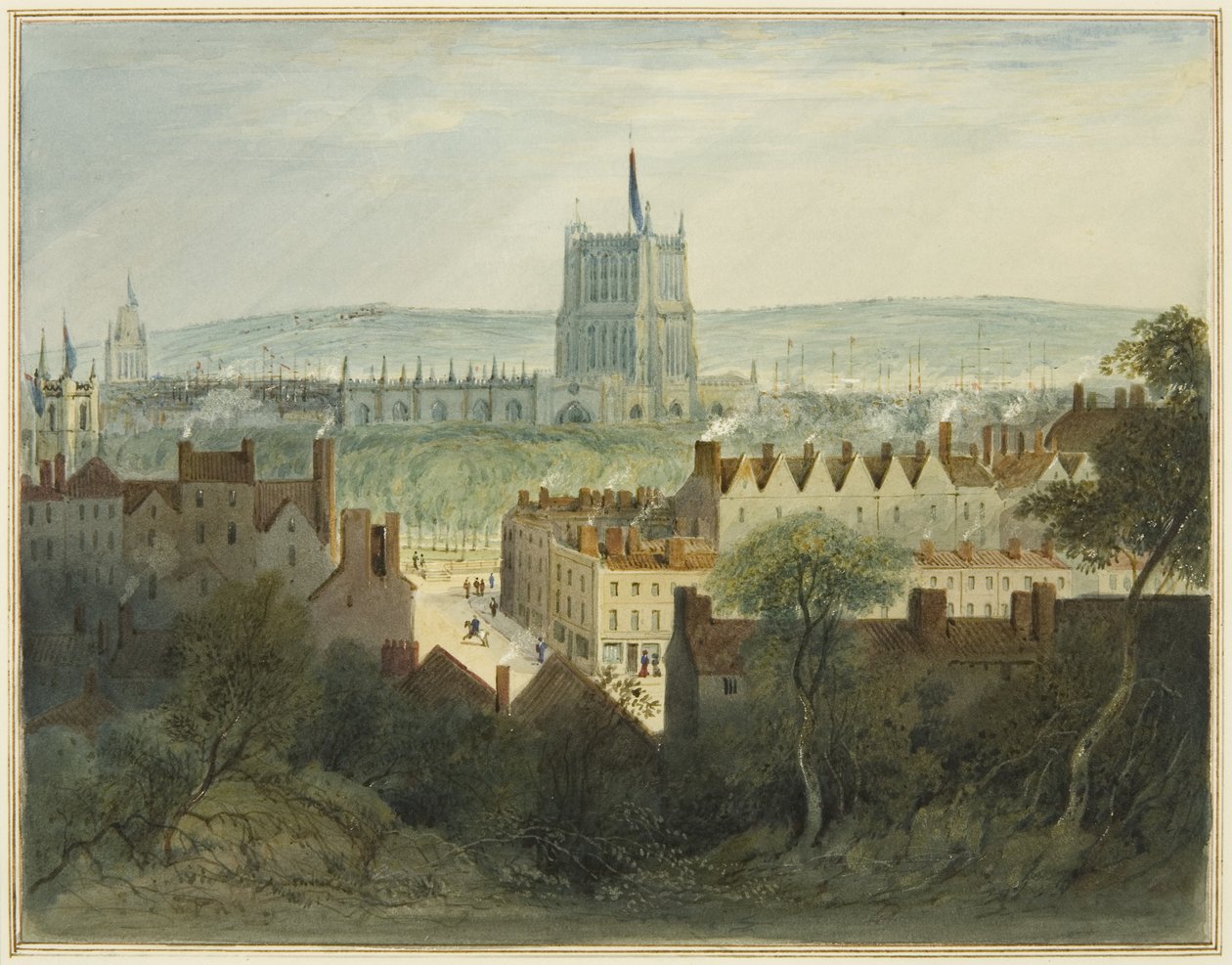 Katedraali, College Green ja College Street (akvarelli paperille) tekijältä Thomas Leeson the Elder Rowbotham