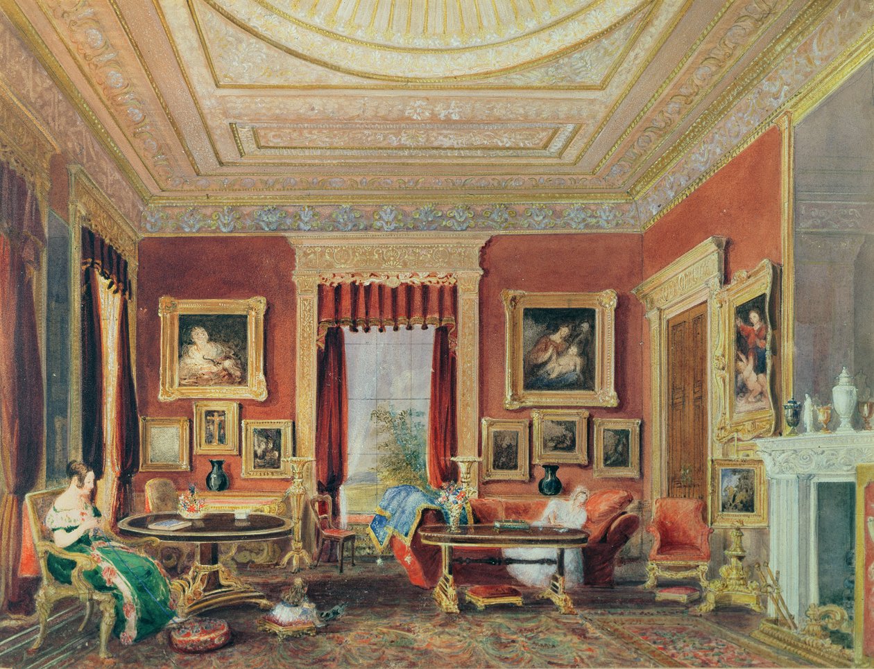 The Drawing Room, Leigh Court, Bristol, n. 1840 (akvarelli paperille) tekijältä Thomas Leeson the Elder Rowbotham